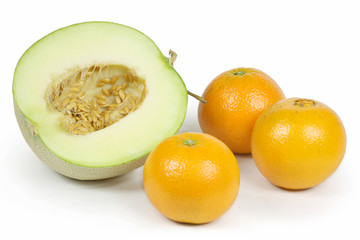 three Oranges ，half  Netted melon