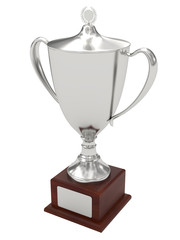 Fototapeta na wymiar Silver trophy cup on wood pedestal with blank plate