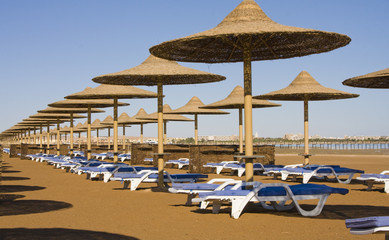 Beach on a sunny day. Hurghada city in Egypt.