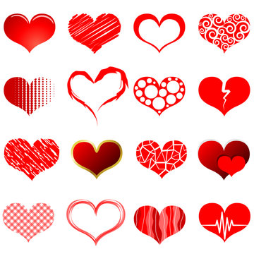 Vector collection of red heart shapes isolated on white