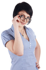 The charming brunette in a blue shirt