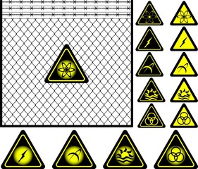 wire mesh fence and warning signs