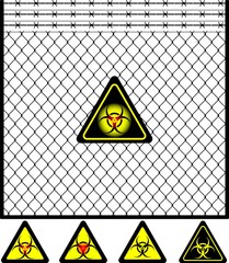 wire mesh fence and biohazard sign