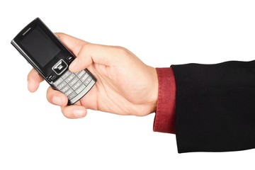 Businessman's hand holding a cell phone - isolated on white