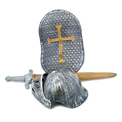 Toy armour of the knight: a board, a sword, a helmet