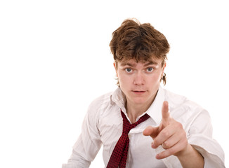 Business man in white shirt  pointing. Isolated.