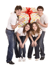 Happy group people with gift box. Isolated.