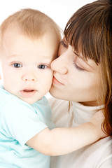 happy mother with baby over white background