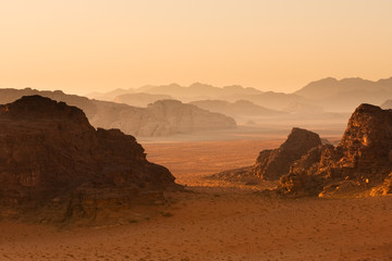 Receding mountains in sunset, Wadi Rum, Jordan. - obrazy, fototapety, plakaty