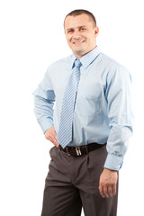 Friendly young businessman isolated on white