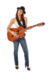 Obraz premium attractive woman with a guitar on white