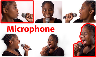 Jeune femme tient un micro chante avec émotion