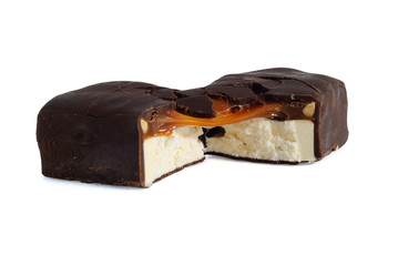 splitted chocolate candy with caramel filling