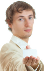 Man holding blank card