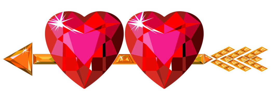 Two red ruby hearts struck by Cupid arrow