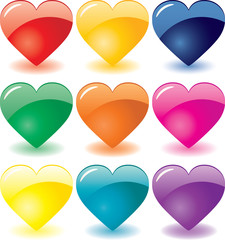 Set of 9 glass hearts for Valentine`s day, vector additional