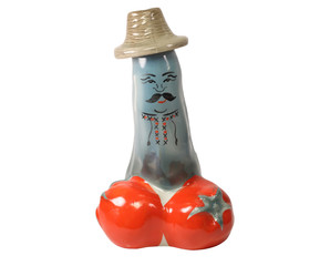 Toy in form penis, 2 tomato and man in hat