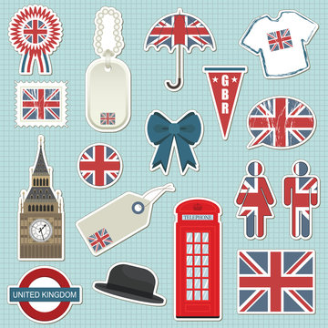 Clipart vector set of United Kingdom stickers with union jacks, big ben, telephone box
