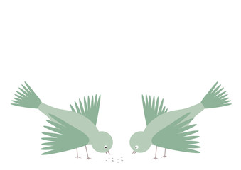 Illustration of two birds eating some crumbs.