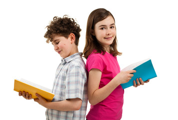 Kids reading books isolated on white background