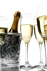 Champagne flutes and ice bucket