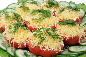 Tomato with cheese and fennel on the white background