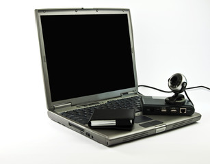 photo black and gray laptop with camera for video conference