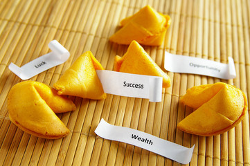 fortune cookies with opportunity, wealth, success messages