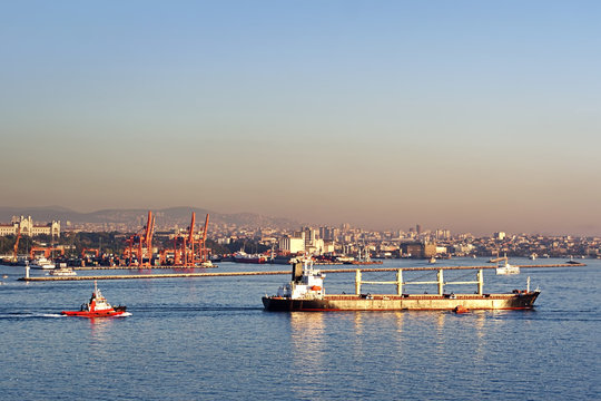 Bulk carrier ship on front of Istanbul commercial harbor