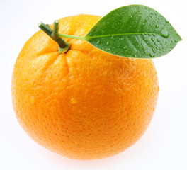 ripe orange with leaves on white background