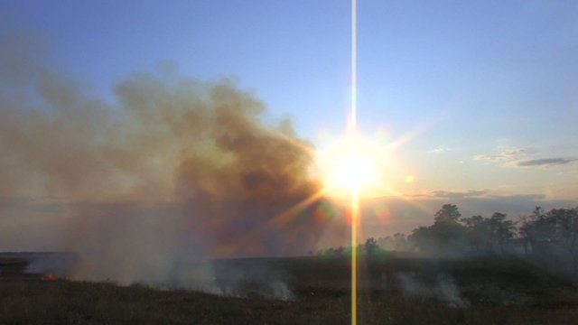 HD Smoke from burning grass at sunset