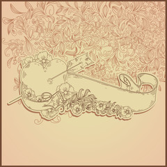 line drawing heart banner with floral background