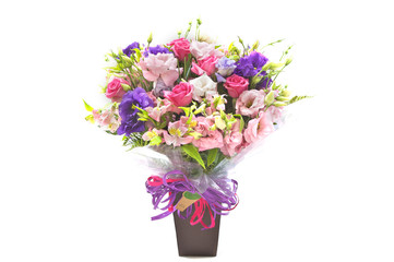 colourful bouquet vase on white background