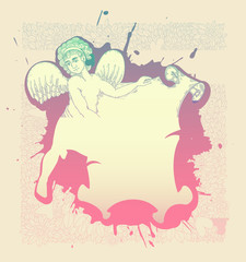 angel with parchment -retro greeting card- red and green