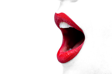 Fototapeta premium Womans szeroko otwarte usta czerwoną szminką.