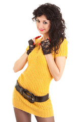 stylish woman in a yellow dress