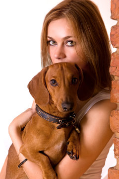 Portrait of the girl with a dog dachshund white background