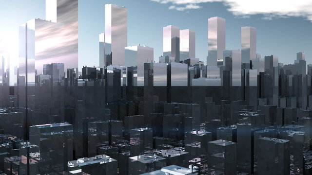 Flying through  modern big city ahead skycrapers