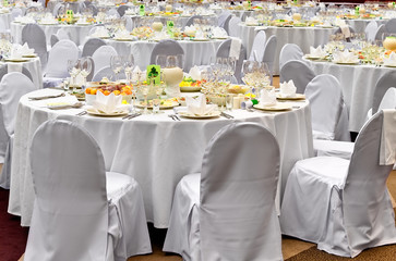 Wedding white reception place ready for guests.