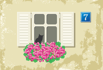 Wall with window and flowers