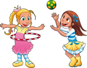 Fotobehang Two girls are playing. Funny cartoon and vector characters © ddraw