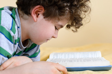 Boy reading book at home