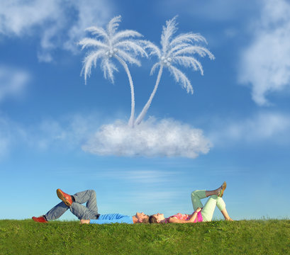 lying couple on grass and dream island collage