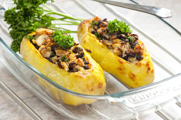 chicken meat with black beans baked in potatoes