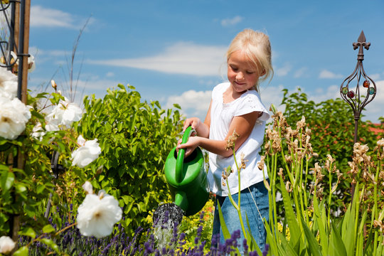 Kleines Mädchen gießt Blumen