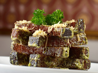 Rye grain toasts strewed by cheese