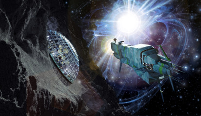 Obraz premium spaceship and asteroid