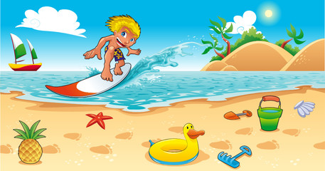 Surfowanie w morzu Śmieszna kreskówka i wektorowa ilustracja. - obrazy, fototapety, plakaty