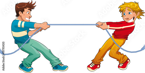 "Tug of war. Funny cartoon and vector young characters." Stock image