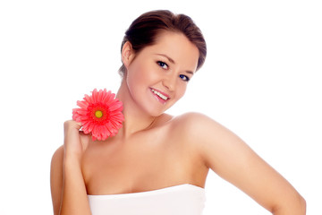 Portrait of Fresh and Beautiful woman with flower isolated on wh